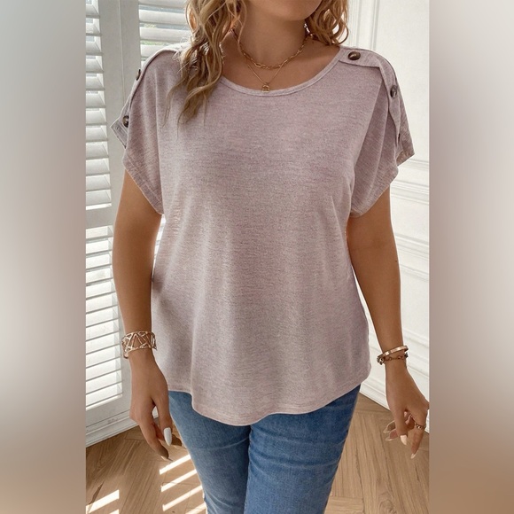 Plus Size Decorative Button Round Neck Short Sleeve T-Shirt - Picture 2 of 5